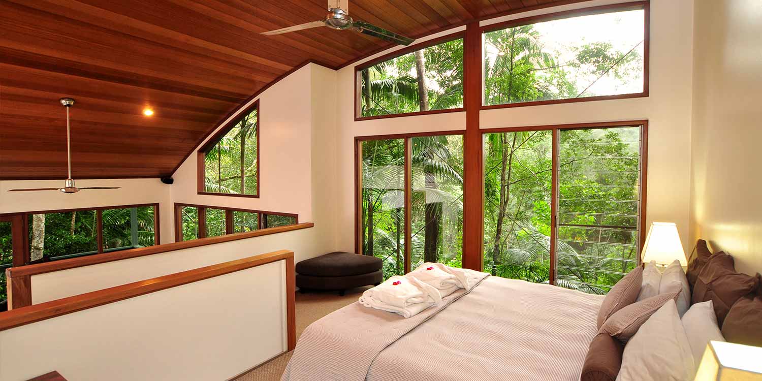 The curved ceiling and mezzanine design of the Rainforest Canopy Bungalows make them our most distinctive accommodation. Click or tap to read more about this accommodation type.